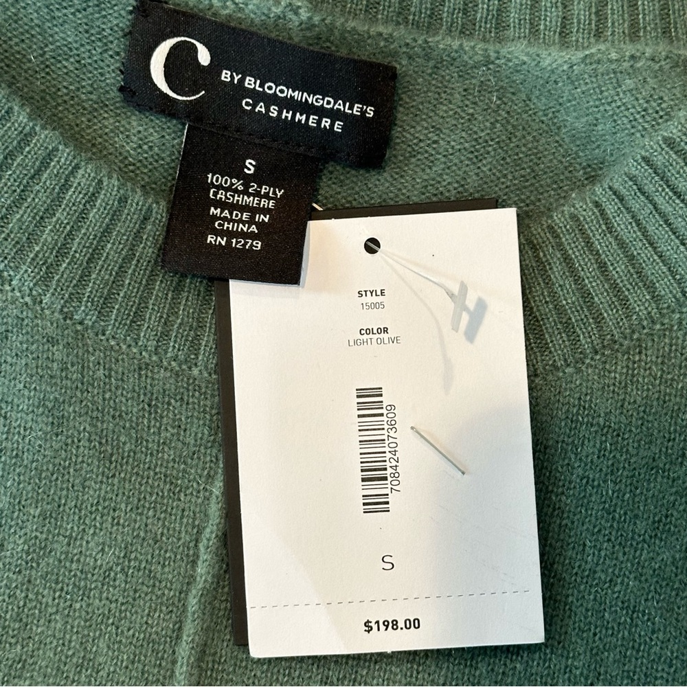 NWT C by Bloomingdales High/Low 100% Cashmere Crewneck Sweater Green S - Picture 10 of 10